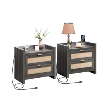 SICOTAS Black Nightstands Set of 2 Bed Side Table: Boho Night Stand End Table with Type-C Charging S...
