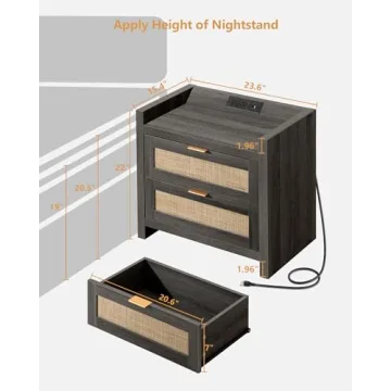 SICOTAS Nightstands with Rattan Drawers & Charging Ports