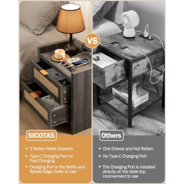 SICOTAS Nightstands with Rattan Drawers & Charging Ports