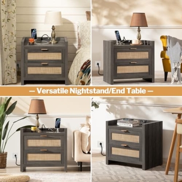 SICOTAS Nightstands with Rattan Drawers & Charging Ports
