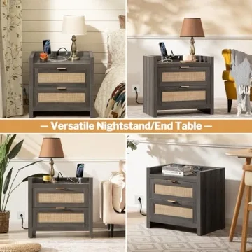 SICOTAS Nightstands with Rattan Drawers & Charging Ports