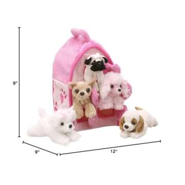Plush Pink Dog House with Dogs - Five (5) Stuffed Animal Dogs in Pink Play Dog House Case