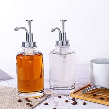 2 Pack Thick Clear Glass Jar Soap Dispenser with Silver Pump, 17ounce Clear Boston Round Bottles Dispenser with Rustproof Pump, Coffee Syrup Dispenser Bar Accessories, Dish Soap Dispenser for Kitchen