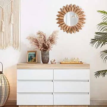 Emfogo Wall Mirror 12 inch Rustic Wood Farmhouse Mirror Sunburst Boho Mirror Wall Decor Room Decor Home Decor for Bedroom Living Room Entryway (Carbonized Black)