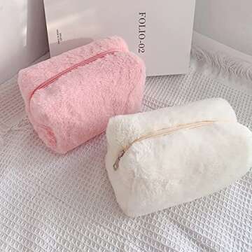 Makeup Bag with Macaron Colors, Preppy Makeup Pouch, Cute Kawaii Furry Make up Case, Cosmetic Travel...