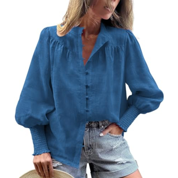 PRETTYGARDEN Women Button Down Shirts V Neck Lantern Long Sleeve Blouses Dressy Casual Smocked Tops ...