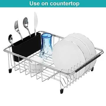 iPEGTOP Expandable Multifunctional Dish Drying Rack, Over The Sink, in Sink Or On Counter Dish Drainer Basket Shelf with Black Utensil Silverware Holder, Rustproof Stainless Organizer