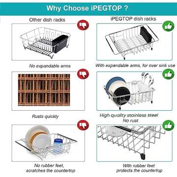 iPEGTOP Expandable Multifunctional Dish Drying Rack, Over The Sink, in Sink Or On Counter Dish Drainer Basket Shelf with Black Utensil Silverware Holder, Rustproof Stainless Organizer