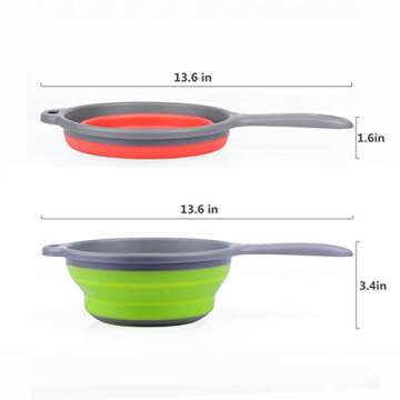 ZOER Kitchen Foldable Pasta Strainers,Collapsible Colanders with Handles,Space-Saver Folding Silicone Strainers Colander,Capacity of 2 quart (Green and Red)