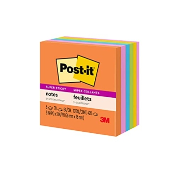 Post-it Super Sticky Notes 3x3, 6 Pads, Bright Colors