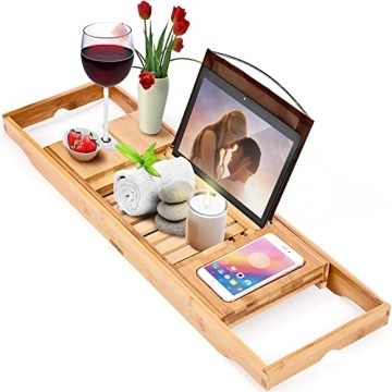 Expandable Bamboo Bathtub Tray with Wine Holder Tablet Stand