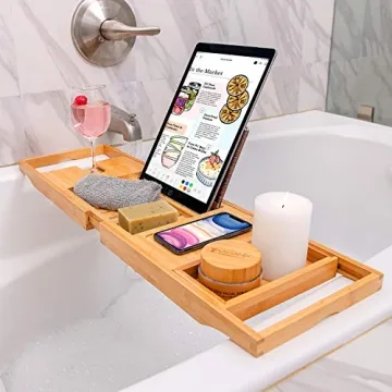 Expandable Bamboo Bathtub Tray with Wine Holder Tablet Stand
