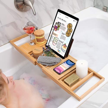 Expandable Bamboo Bathtub Tray with Wine Holder Tablet Stand