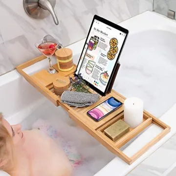 Expandable Bamboo Bathtub Tray with Wine Holder Tablet Stand