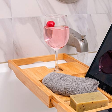 Expandable Bamboo Bathtub Tray with Wine Holder Tablet Stand