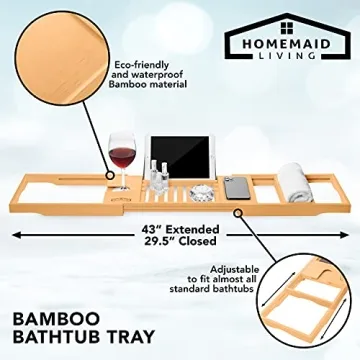 Expandable Bamboo Bathtub Tray with Wine Holder Tablet Stand