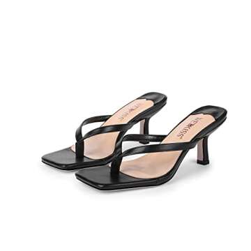 WETKISS Black Thong Sandals for Women Flip Flop Heels Square Toe Heels for Women Heeled Sandals Low ...