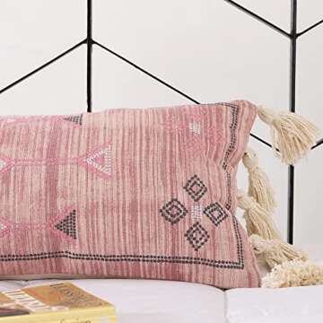 Extra Long Lumbar Pillow Cover (12 X 28 inches) | Hand-Woven Cactus Silk Pink Pillow Linen Cover | Rustic Décor Bohemian Cushion Cover | Farmhouse Cotton Pillow Case | Decorative Throw Pillow Dress