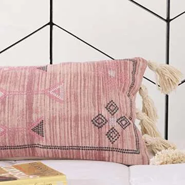 Extra Long Lumbar Pillow Cover (12 X 28 inches) | Hand-Woven Cactus Silk Pink Pillow Linen Cover | Rustic Décor Bohemian Cushion Cover | Farmhouse Cotton Pillow Case | Decorative Throw Pillow Dress