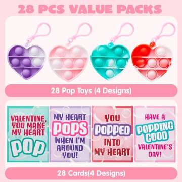 JOYIN 28 Packs Valentines Day Gift Cards with Pop Bubble Fidget Toys Heart Keychain, Stress Relief F...