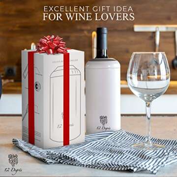 12 Degrés Wine Chiller Set - Perfect Wine Gifts for Women & Men - Stainless Steel Insulated Wine Cooler with Wine Pump, Aerator & 4 Stoppers (White Matte)