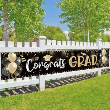 2025 Graduation Decorations Congrats Grad Banner 9.84x1.64ft Class of 2025 Graduation Backdrop Yard Sign for School College Indoor Outdoor Party Supplies (Black and Gold)