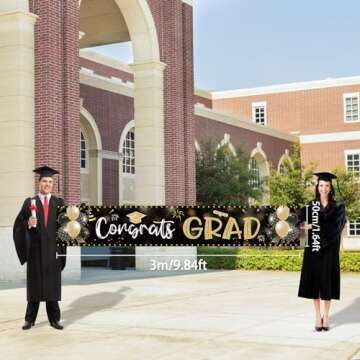 2025 Graduation Decorations Congrats Grad Banner 9.84x1.64ft Class of 2025 Graduation Backdrop Yard Sign for School College Indoor Outdoor Party Supplies (Black and Gold)