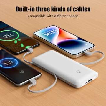 Brand Q Portable Charger with Built-in Cables and AC Wall Plug,Slim USB C Power Bank 10000mAh,External Battery Pack Compatible with iPhone,Samsung,Tablet and All Smart Phones …