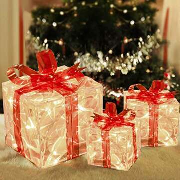 FUNPENY Set of 3 Christmas 60 LED Lighted Gift Boxes, Transparent Warm White Lighted Christmas Box D...