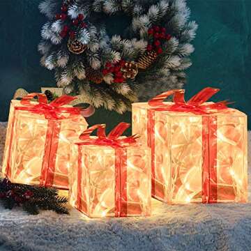 FUNPENY Set of 3 Christmas 60 LED Lighted Gift Boxes, Transparent Warm White Lighted Christmas Box Decrations, Presents Boxs with Red Bows for Christams Tree, Yard, Home, Christams Decorations