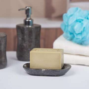 Luxury Hand-Carved Natural Charcoal Marble Soap Dish – Heavy-Duty, Plastic-Free, Artisan Crafted for Bathroom, Kitchen & Countertop Organization (5.8” x 3.8”)
