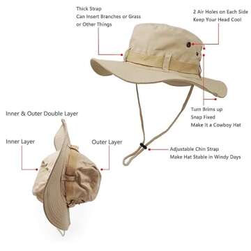Sun Hats for Men Women Camo Bucket Hat Protection Summer Safari Wide Brim Boonie Hats Hunting Fishing Outdoor Hiking Beach Tactical Camo Jungle Hat Boonie Cap（Light Khaki）