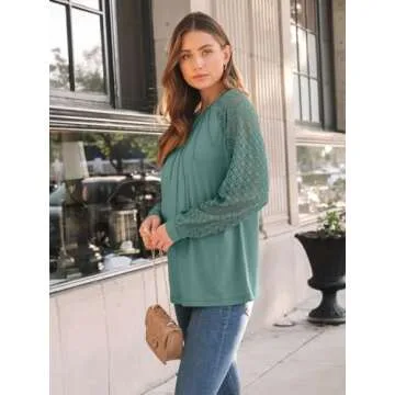 AUTOMET Womens Long Sleeve Shirts Lace Tops Business Casual Fall Fashion Outfits Clothes Knitted Y2k BlousesGreyGreen XL
