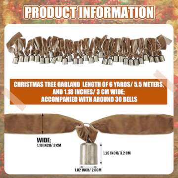 Hungdao 6 Yards Brown Velvet Christmas Tree Ribbon Garland with Rusty Jingle Bell Neutral Rustic Chr...