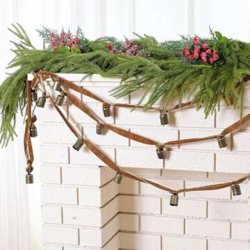 Hungdao 6 Yards Brown Velvet Christmas Tree Ribbon Garland with Rusty Jingle Bell Neutral Rustic Christmas Bell Garland Cozy Decorative for Xmas Tree Fireplace Holiday Wedding Mantle Indoor Decor