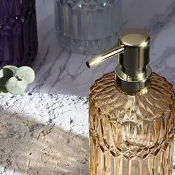 TISUZXCV Diamond Design 12 Oz Green Glass Soap Dispenser,Refillable Lotion Soap Dispenser for Bathroom, Kitchen, Hand Soap, Dish Soap,Shampoo, Ideal for Bathroom Countertop. (Clear Gold)
