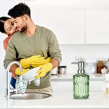 TISUZXCV Diamond Design 12 Oz Green Glass Soap Dispenser,Refillable Lotion Soap Dispenser for Bathroom, Kitchen, Hand Soap, Dish Soap,Shampoo, Ideal for Bathroom Countertop. (Clear Gold)