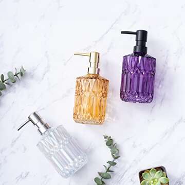 TISUZXCV Diamond Design 12 Oz Green Glass Soap Dispenser,Refillable Lotion Soap Dispenser for Bathroom, Kitchen, Hand Soap, Dish Soap,Shampoo, Ideal for Bathroom Countertop. (Clear Gold)