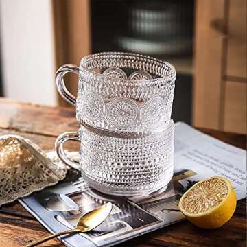 Vintage Glass Coffee Mugs 14 Oz Set of 4 Embossed Glass Cups for Tea, Coffee Mugs for Cappuccino, La...