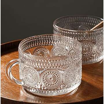 Vintage Glass Coffee Mugs 14 Oz Set of 4 Embossed Glass Cups for Tea, Coffee Mugs for Cappuccino, Latte, Cereal, Yogurt, Hot/Cold Holiday gift and Housewarming, Great Gift