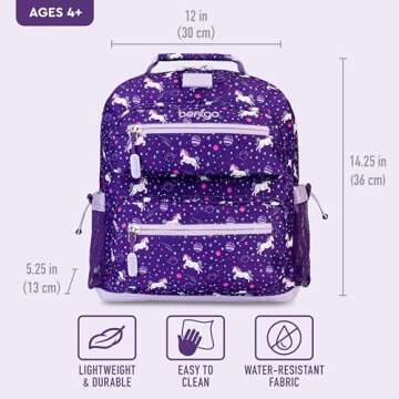 Bentgo Kids Backpack - Lightweight 14” Backpack in Fun Prints for School, Travel, & Daycare, Ideal for Ages 4+, Roomy Interior, Durable & Water-Resistant Fabric, & Loop for Lunch Bag (Unicorn)