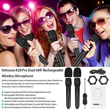 K28 Rechargeable Wireless Microphone Karaoke Cordless Microphone with Volume & Echo Control and Receiver, UHF Handheld Dynamic Microphone for Singing Karaoke Speech, Black