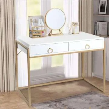Anmytek Home Office Writing Desk 2 Drawers Storage, Contemporary Makeup Vanity Table Study Desk, W/M...