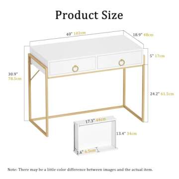 Anmytek Home Office Writing Desk 2 Drawers Storage, Contemporary Makeup Vanity Table Study Desk, W/Matte White and Gold Finish Frame D0003