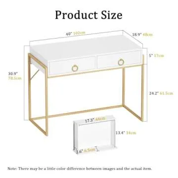 Anmytek Home Office Writing Desk 2 Drawers Storage, Contemporary Makeup Vanity Table Study Desk, W/Matte White and Gold Finish Frame D0003