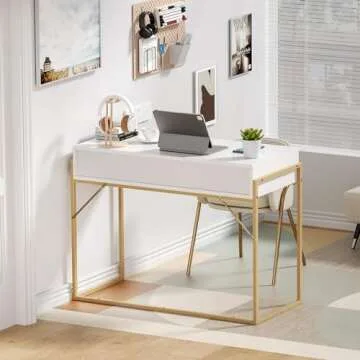 Anmytek Home Office Writing Desk 2 Drawers Storage, Contemporary Makeup Vanity Table Study Desk, W/Matte White and Gold Finish Frame D0003