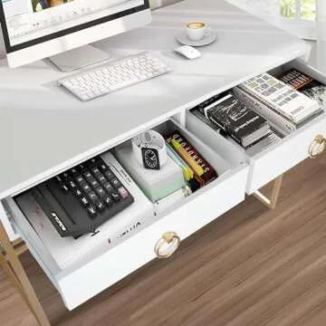 Anmytek Home Office Writing Desk 2 Drawers Storage, Contemporary Makeup Vanity Table Study Desk, W/Matte White and Gold Finish Frame D0003