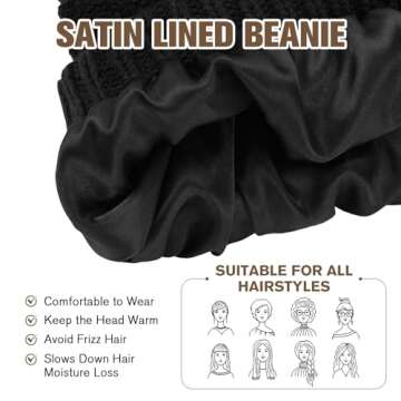 Durio Satin Lined Beanie Winter Warm Satin Lined Beanie for Women Cable Knit Beanies Women Thick Win...