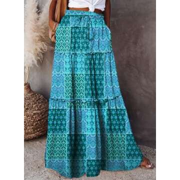 Happy Sailed Womens Retro Boho Printed High Waist Elastic Waist A Line Flowy Long Maxi Beach Skirts with Pockets Green XL