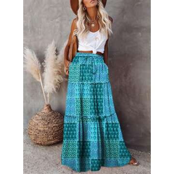 Happy Sailed Womens Retro Boho Printed High Waist Elastic Waist A Line Flowy Long Maxi Beach Skirts with Pockets Green XL